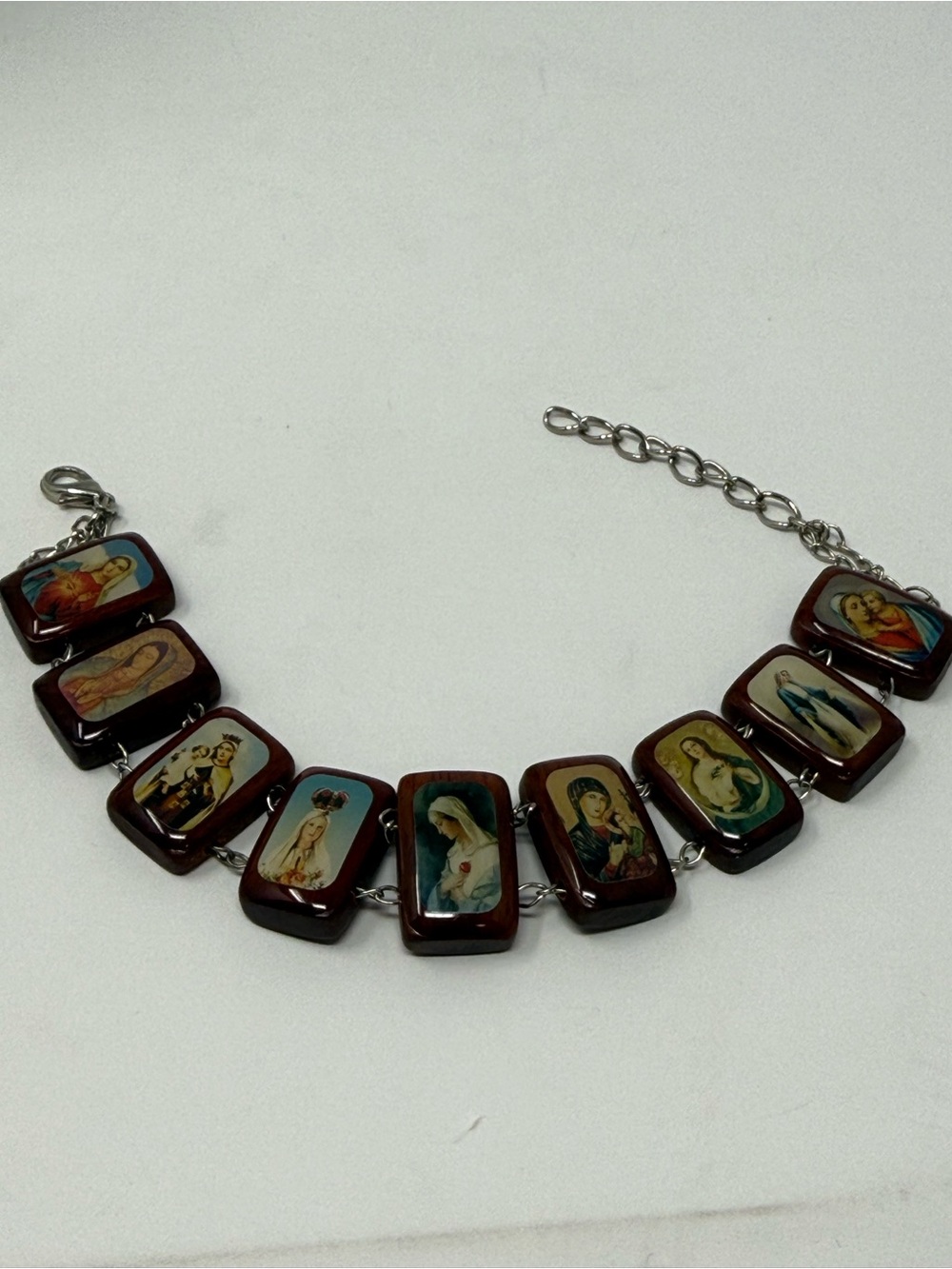 Religious Icon Brown Wood Bracelet with Multi-Figure Motifs